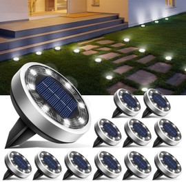 btfarm 12 Pack Solar Ground Lights Outdoor, 8 LED Disc Lights IP65 Waterproof Flat Light, Pathway Light Solar Powered for Garden Lawn Patio Yard Path Landscape, Cool White