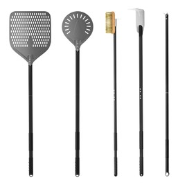 G.a HOMEFAVOR 5-Piece Pizza Oven Accessories, 12" × 15'' Perforated Pizza Peel, 9" Round Turning Peel, Pizza Oven Cleaning Brush, Ash Rake, Pizza Fork, Pizza Kit for Professional Chef or Pizza Lover