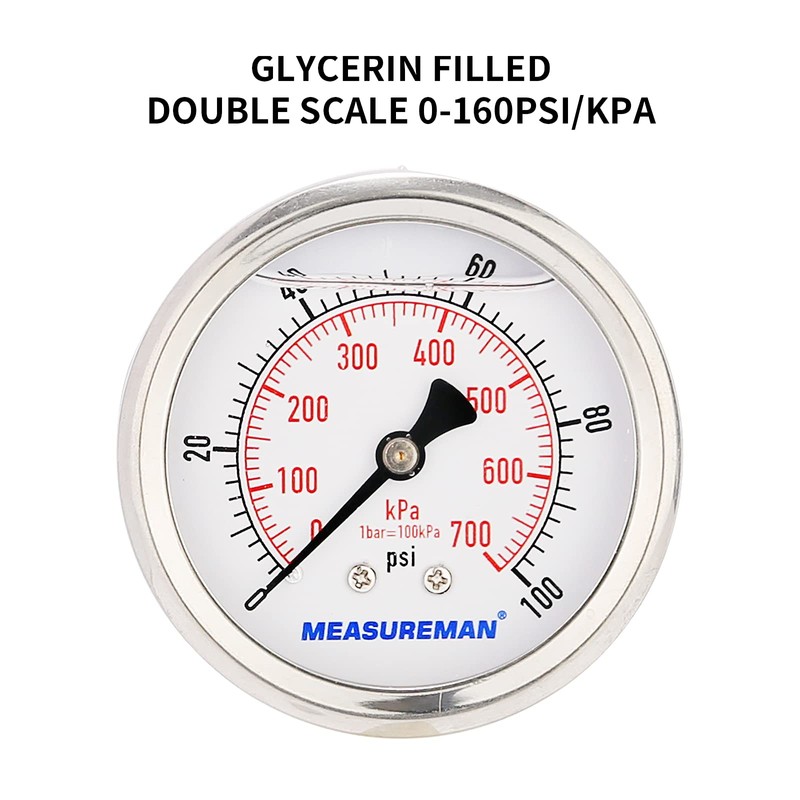 MEASUREMAN 2-1/2" Dial Size, Glycerin Filled Pressure Gauge, 0-100psi/kpa, 304