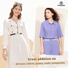 TRIWORKS 4 Pack Skinny Elastic Belts for Women Gold Buckle Thin Stretchy Waist Belts for Dresses, Silver Black+white+beige+brown, Fits waist size 22"-26"