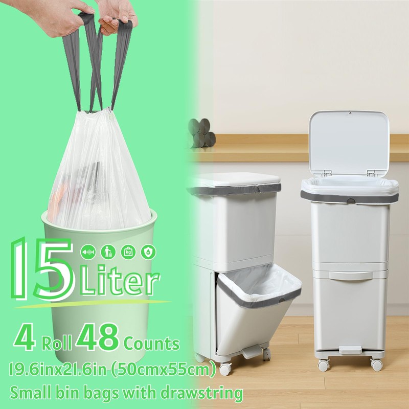 15L Bin Liners Drawstring Small Bin Bags 48 White Waste