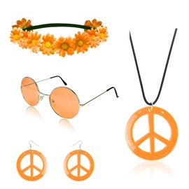 Hippie Costume Set Includes Peace Sign Necklace and Earring, Flower Crown Headband and Sunglasses 60s 70s Party Accessories (New Orange)