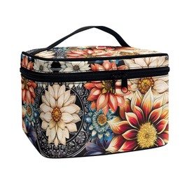 Jolamirel Mandala Floral Makeup Bag Women Travel Cosmetic Bag for Women, Boho Indian Art Mandala Dahlia Flowers Large Capacity Portable Toiletry Bags with Handle