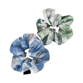 Satin Scrunchies for Women 2Pcs Big Tie Dye Long Thick Curly Hair Elegant Soft Hair Bands Ponytail Holders No Damage Elastic Hair Ties (Green +Blue, One size)