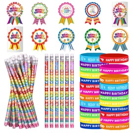 emzrivo Birthday Pencils Set 24 Happy Birthday Pencils 24 Happy Birthday Rubber Wristband 200 Happy Birthday Badge Stickers for Teacher Classroom Birthday Party Supply (248)