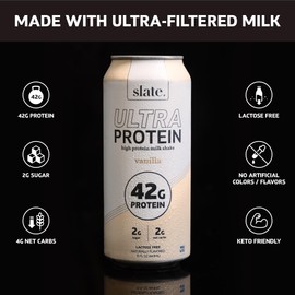 Slate Milk - Ultra High Protein Shake - Vanilla - 42g Protein, 2g Sugar, 190 Calories, 2g Net Carbs - Lactose Free - No Added Sugar, No Seed Oils - Breakfast Boost, Post Workout - 15 fl oz, 12 Cans