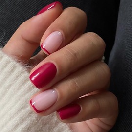 French Tip Press on Nails Short Square OFDNE Rose Pink Fake Nails False Nails Solid Colour Full Cover Glossy Glue on Nails French Manicure Acrylic Nails for Women Girls 24Pcs