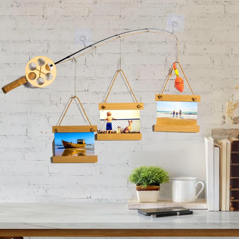 RELIY Wood Fishing Pole Wall Decor with 3 4”X4” Frames,