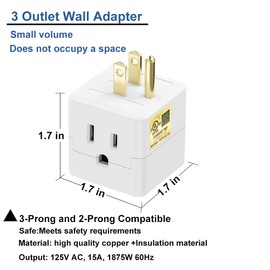 Outlet Splitter 3 Prong,3 Outlet Wall Adapter,Cube Tap Plug Extender,3 Way Wall Outlet Adapter,Multiple Plug Expander,UL Listed,White,2 Pack