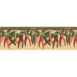 CONCORD WALLCOVERINGS ™ Wallpaper Border Vintage Pattern Leaves Hot Peppers on Vine for Kitchen Dining Area Cottage Farmhouse, Beige Red Green, 15 ft by 7 in 5811942