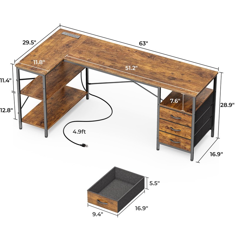 Huuger L Shaped Desk with Power Outlets, 63 Inch Reversible