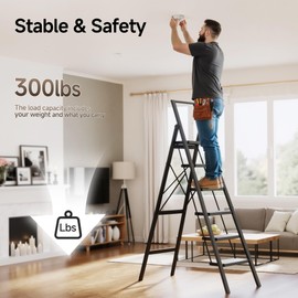 GameGem 6 Step Ladder Folding Step Stool with Anti-Slip Pedal,Portable Tall Ladder with Handrails,Multi-Use Iron Stepladder for Home and Kitchen-Black(300lbs)