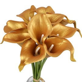 Mini Artificial Calla Lily 10 Stem Bridal Bouquets Artificial Latex Real Touch Flowers for Home Party Decor (Gold)