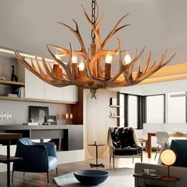 Xuthusman 6-Light Vintage Rustic Resin Deer Horn Chandelier Antler Pendant Lamp Candelabra Chandelier Hanging Lamp Decor