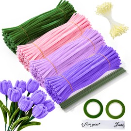 Filo di Ciniglia da 400 Pezzi, Kit per Bouquet di Fiori in Filo di Ciniglia, 4 Colori di Scovolini per Creare Fiori, con Steli di Fiori, Nastro Adesivo, Nastro e Accessori - Viola