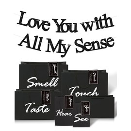 KARAQY 5 Senses Gift Bags for Him with Labels and Banner Set, Sight Smell Touch Taste Sound Black Gift Bags for Birthday, Wedding, Anniversary, Valentine'S Day