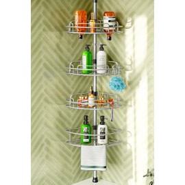 HAMITOR Corner Shower Caddy Tension Pole: 4-Tier Rust-Resistant Adjustable Bathroom Organizer Shelves - 47-121 Inch No-Drill Quick Installation - Space-Saving Storage for Renters Family - Silver Gray