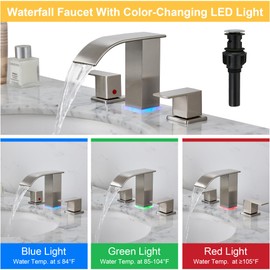 Bathroom faucets 3 Hole Brushed Nickel Vanity Faucet with led Waterfall Bathroom Faucet 3 Hole Sink Faucet Bathroom 8 inch Widespread Modern Parts Touch on 2 Handle