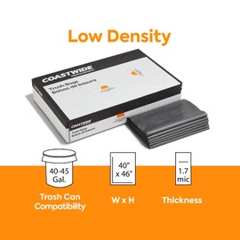 STAPLES COASTWIDE 814894 Trash Bags 40-45 Gallon 39X47 Low Density 1.7 Mil Silver 50 Ct