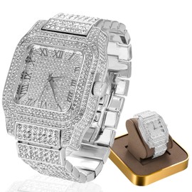 Halukakah Moissanite Diamond Watch for Men - Platinum White Gold Plated, Swiss Quartz Roman Numerals Square Dial, 200 g Heavy, 3 Sides Iced Out, 22 cm Bracelet - Gift Box Included