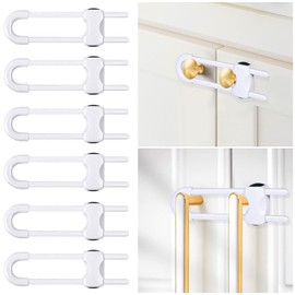 6 Packs Sliding Cabinet Locks, Modacraft Baby Proofing U-Shaped Child Safety Latches Adjustable White Locks for Handles Knobs Drawers Closet Cupboard