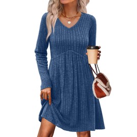 OFEEFAN Plus Size Dresses Womens Sweater Dress Party Dresses Fashion Clothing Long Sleeve Tunic Dress Fall Deals Cowboy Chic Italian Church Blue XL