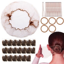 20PCS Invisible Hair Nets for Buns & 50PCS U-Shaped Hair Pins, Ballet Bun Maker Set for Women, Girls, Kids, with 5pcs Hair Bands, Light Brown