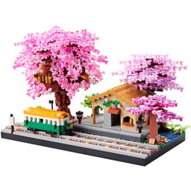 Captivating Sakura Train Station Model Kit - 3668pcs Micro Blocks, Detailed Architecture Building Set, Ideal Gift for Adults, Unwind and Bond, Enhance Creativity, Charming Cherry Blossom Aesthetic