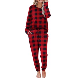 Ekouaer Pajamas Women's Long Sleeve Pj Set Soft 2 Piece Loungewear Sleepwear with Jogger Pants Red and Black Plaid,3XL