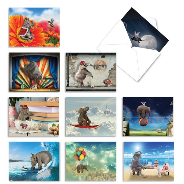 The Best Card Company - 10 Blank Note Cards for All Occasions (4 x 5.12 Inch) - Boxed Animal Cards for Kids - Elefantasy M6579OCB