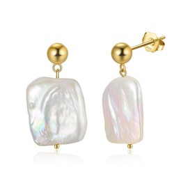 Bellitia Jewelry Pearl Drop & Dangle Earrings 925 Sterling Silver Handpicked Baroque Pearls Statement Earrings 14k Gold Plated Freshwater White Pearl Vintage Earrings for Women