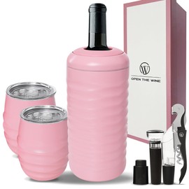 Open The Wine Set of 2 Insulated Wine Tumblers with Lid, Wine Bottle Chiller, and Wine Accessories - Stopper, Aerator, Pourer, Corkscrew - Unique Wine Gifts for Mothers, Women and Wine Lovers (Pink)