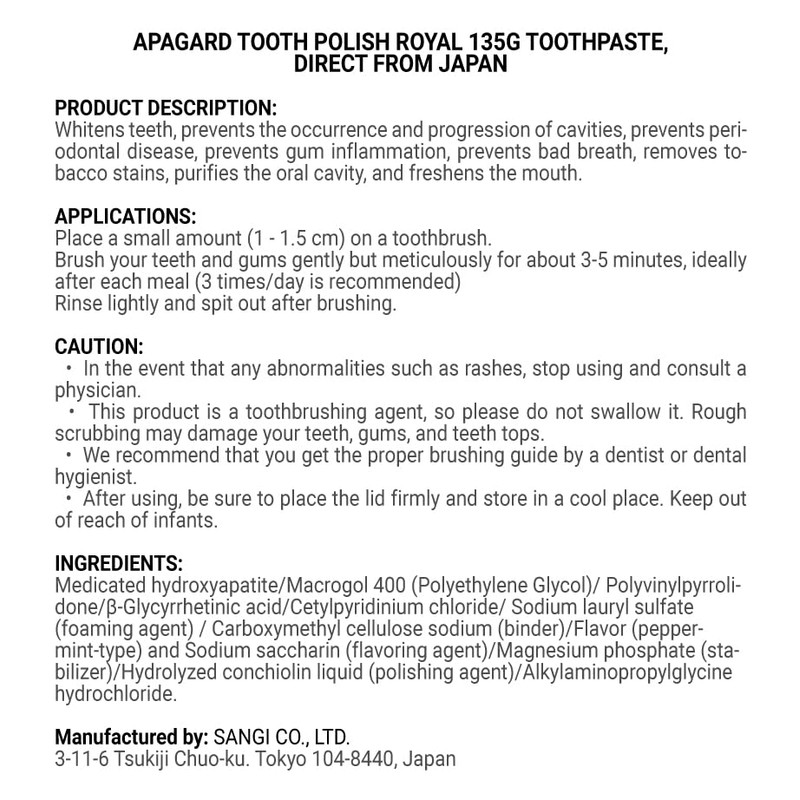 Apagard Tooth Polish Royal 135g toothpaste, Direct from Japan by
