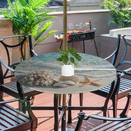 LOMBARDIDEN Round Fitted Tablecloth with Umbrella Hole Zipper - Summer Starfish Outdoor Table Cover with Elastic Edge - Waterproof Wipeable Table Cloth for Patio Picnic Party - 36"- 44"