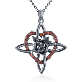 Celtic Knot Necklace 925 Sterling Silver Black Witch Knot Necklace Rose Flower Pendant Wicca Amulet Chain with Heart Witcher Gothic Jewellery Gift for Women, Sterling Silver, Cubic Zirconia
