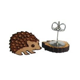 Little Wood Hedgehog Stud Earrings, Laser Cut Natural Wooden Pokey Hog Studs Jewelry