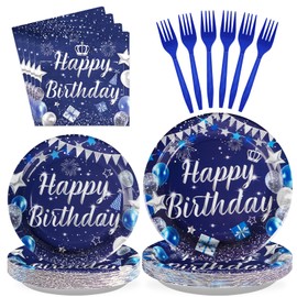 96Pcs Blue Birthday Party Supplies 350 GSM Navy Blue and Silver Plates and Napkins Disposable Tableware Sets Blue Happy Birthday Party Decorations for Men Women Birthday Party Favors Serves 24
