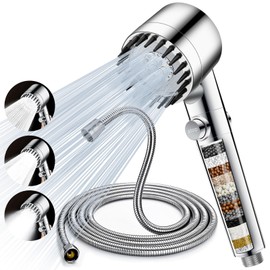 Shower Head with Hose 2 m, High Pressure Shower Head with Filter, Shower Head Water-Saving with 3 Jet Types and Stop Function, Hand Shower with Filtration in 15 Layers for Removing Chlorine, Chrome