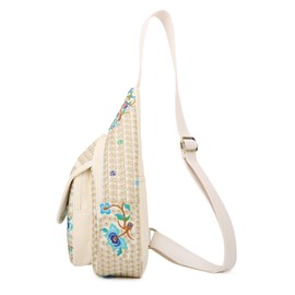 SILKAREA Vintage Embroidered Floral Ethnic Backpack for Women Handbag Shoulder Bag Mini Travel Purse, Beige Blue, Small, Vintage
