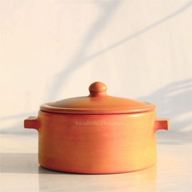 Swadeshi Blessings HandMade Exclusive Range Unglazed Clay HotCase/Earthen Pot for Serving with Lid, 2.8LTR (Natural Firing Shade & Mirror Shine) + Free Palm Leaf Stand