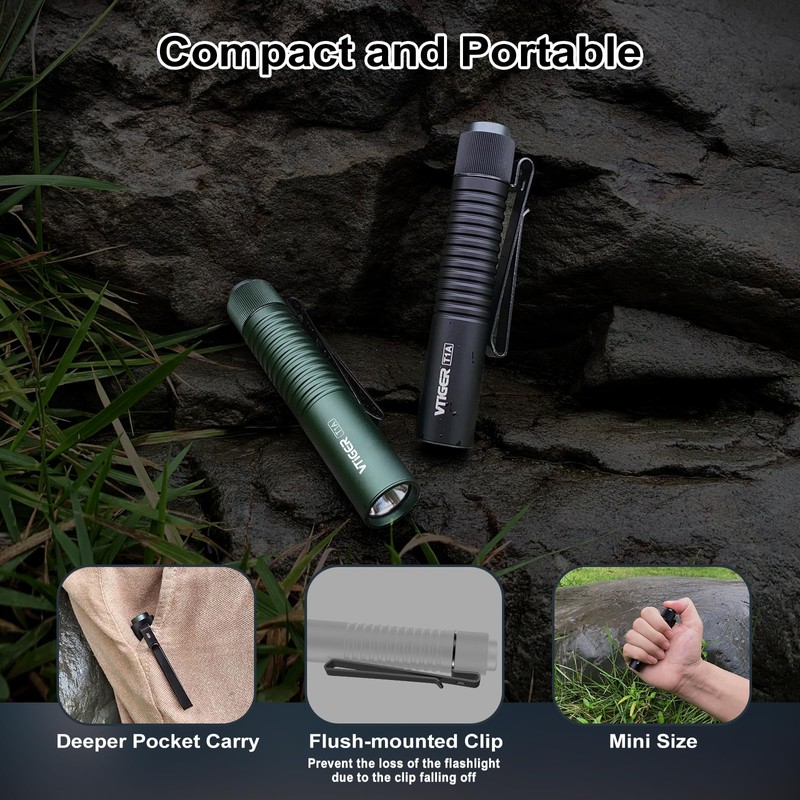 VTIGER T1A Mini Pocket EDC Flashlight with Clip,1300 Lumen Compact