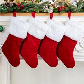Red Velvet Christmas Stockings - 5 Pack Traditional 17.3" Large,Plush Cuff,Holiday Stockings for Family,Holiday Decor, Tree Decoration