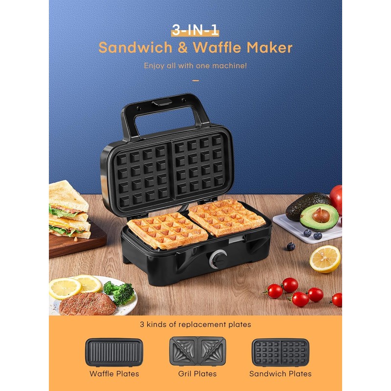 HOUSNAT Sandwich Maker, 3 in 1 Waffle Maker with Removable