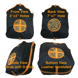 Majestic Ally Nylon Hay Feeder Tote Bag for Horse, Goat, Sheep - Double Sides Open Feed Hole with Faux Leather Ventilated Bottom- Premium Quality -Simulates Grazing - Reduces Waste (Black)