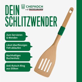 Chefkoch Slotted Turner Made of Sustainable Beech Wood - Ergonomic & Gentle on Non-Stick Pans, with Non-Slip Ring, 31.3 x 7.3 cm