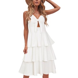 VOTEPRETTY Womens 2025 Summer Dress Midi V Neck Tie Front Casual Spaghetti Strap Vacation Tiered Ruffle Sundress(Light White,XL)