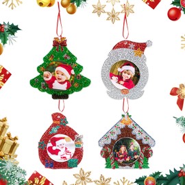 Pack of 4 Christmas Diamond Painting Photo Frame Ornaments DIY Christmas Diamond Art Picture Frame Hanging Christmas Tree Pendant Ornament Diamond Painting Pendant for Winter Christmas Decoration