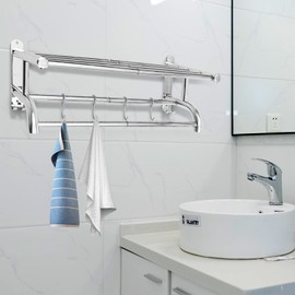 DNYSYSJ Towel Rack Adjustable Dual Towel Shelf with Double Bar Wall Mounted Stainless Steel Bath Towel Shelf Rack with Hooks