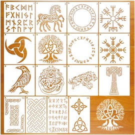 Runes Stencils for Painting on Wood Wall, Reusable Plastic Runes Stencils for Cookies Craft Royal Icing Baking Templates for Party DIY Home Decor (16runes)