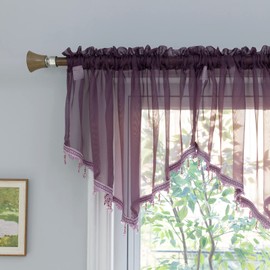 PearAge Beaded Sheer Valance Curtains for Living Room,Rod Pocket Farmhouse Window Valance, Bead Trim Tassel Voile Sheer Curtain Valance for Bedroom Bathroom Cafe 51x24 Inches (Dark Purple) 1PC